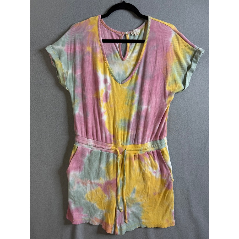 Hem & Thread Romper Women's Large Tie Dye V Neck Drawstring Waist Short Sleeve